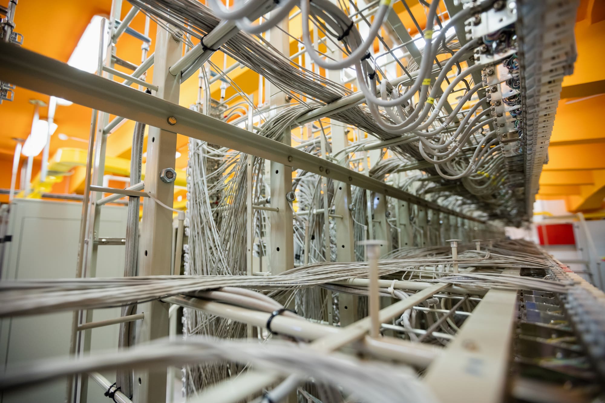 Network cabling and patch panel close-up