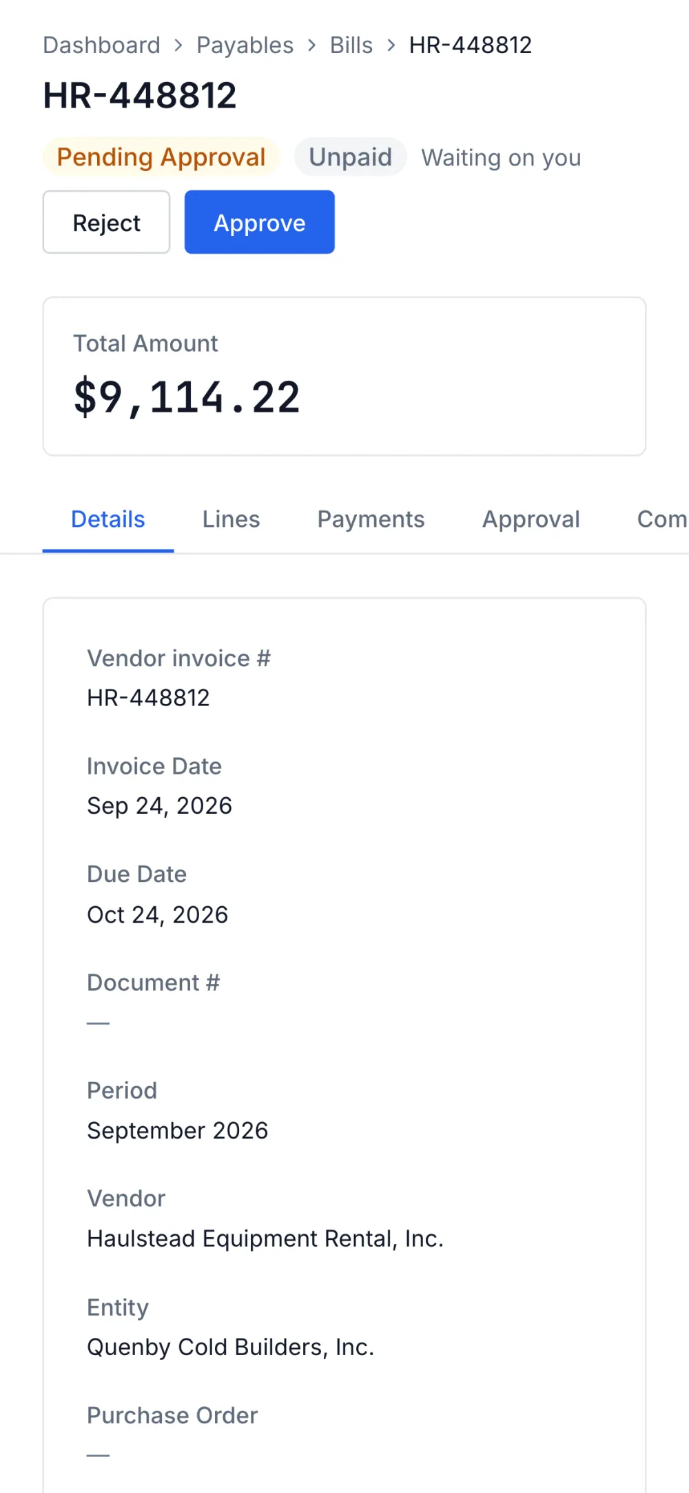 A bill waiting on its approver, on a phone, with Reject and Approve at the top