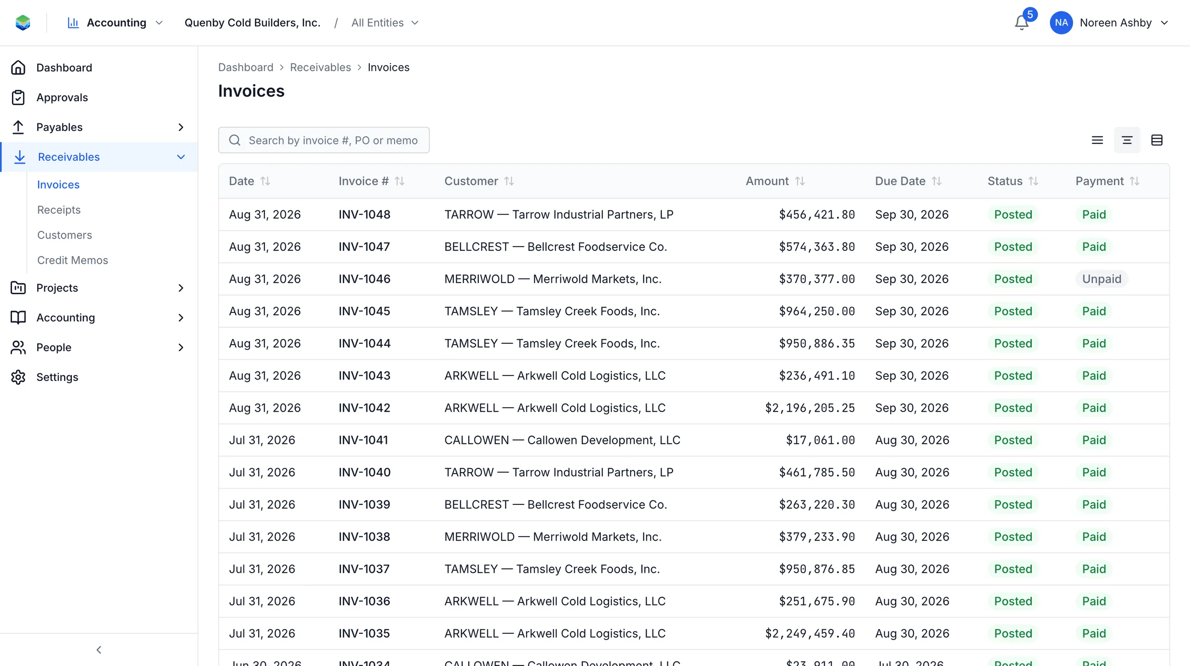 The invoices list with each owner invoice, its amount, due date, posting status and whether it is paid