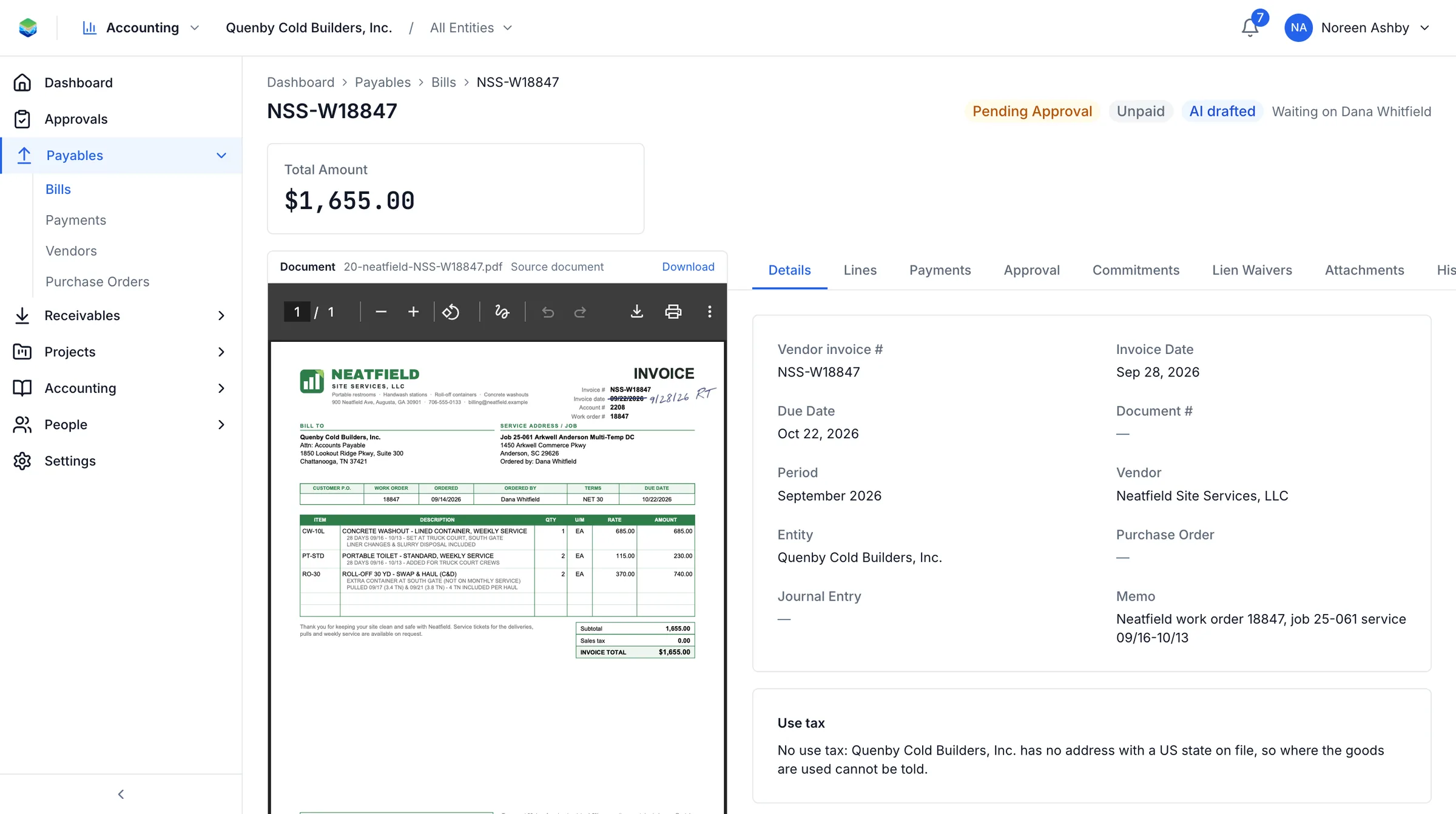 Accounting: an AI-drafted bill with the vendor PDF beside the coded details