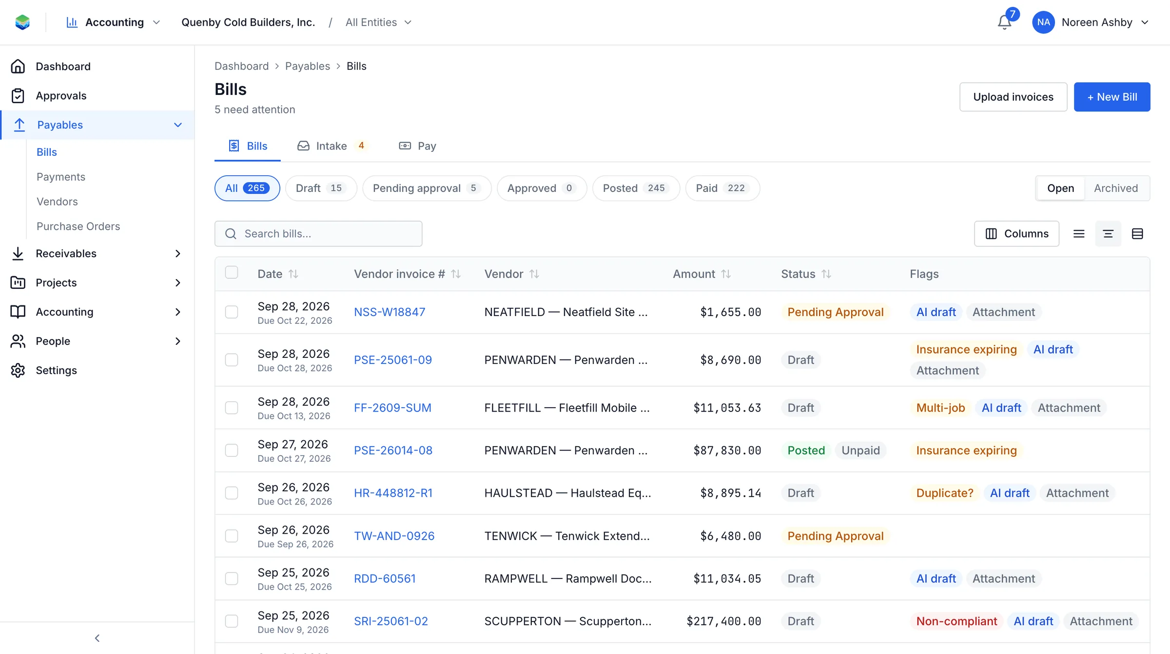 The bills list with AI-draft flags such as over subcontract, duplicate, insurance expiring and non-compliant