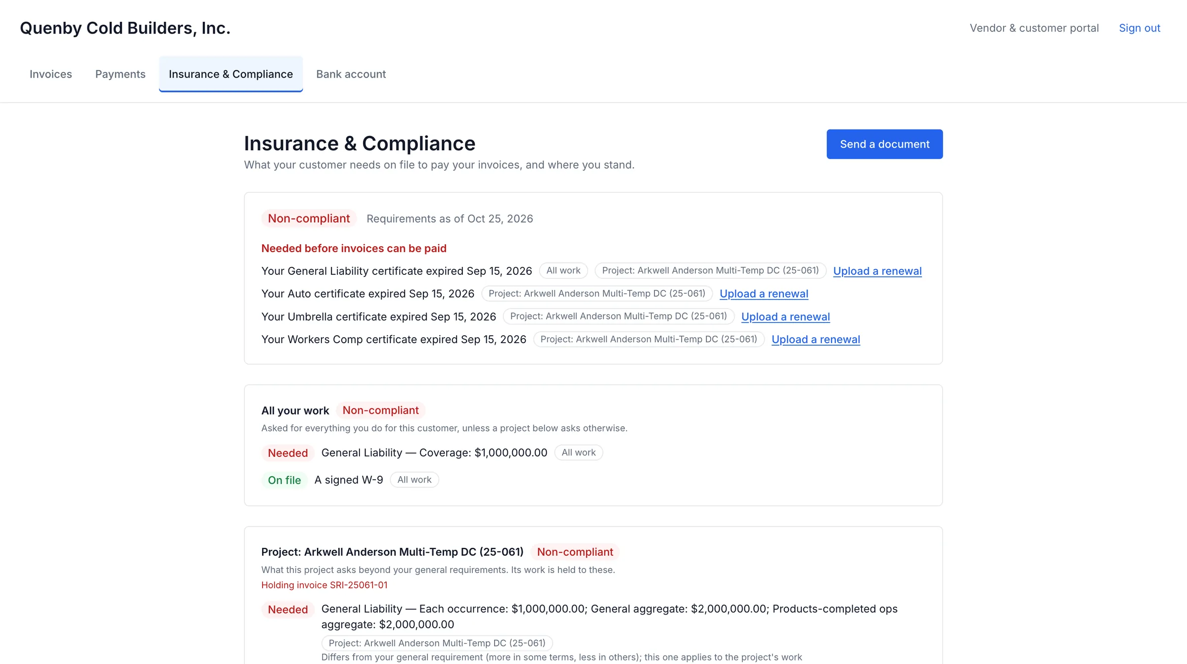 The portal's insurance and compliance page listing the certificates that expired, the project each applies to, and an upload link for each renewal