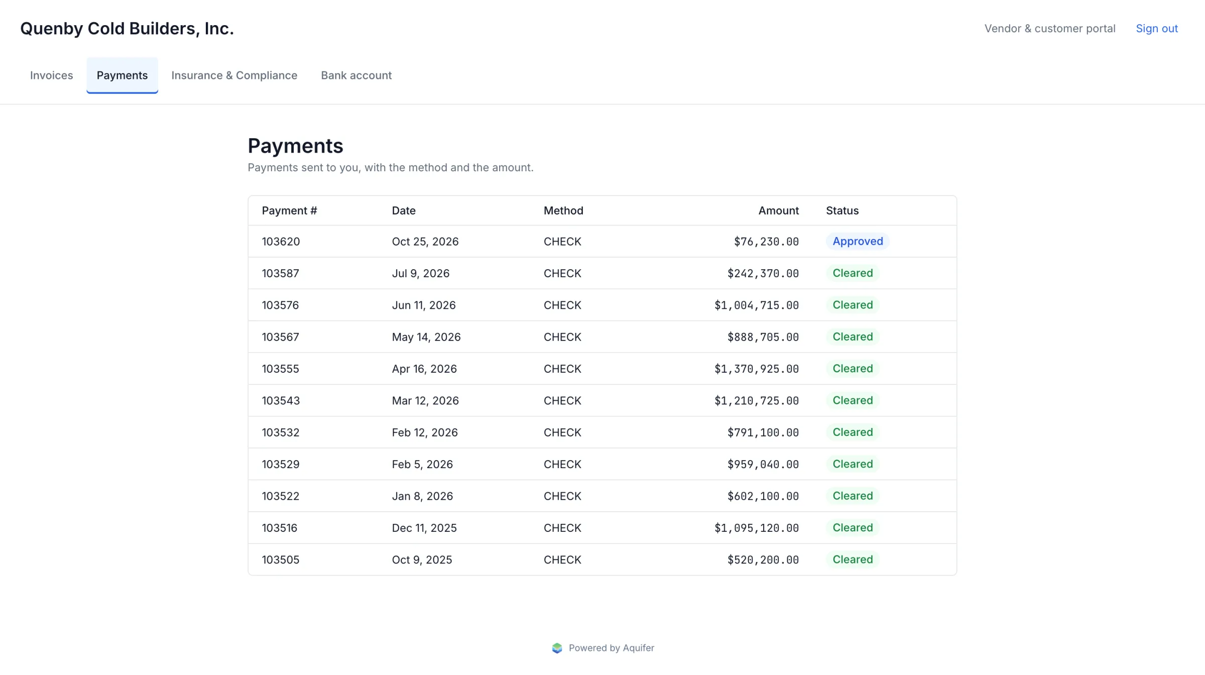 The vendor portal's payments page: each payment with its date, method, amount and whether it has cleared