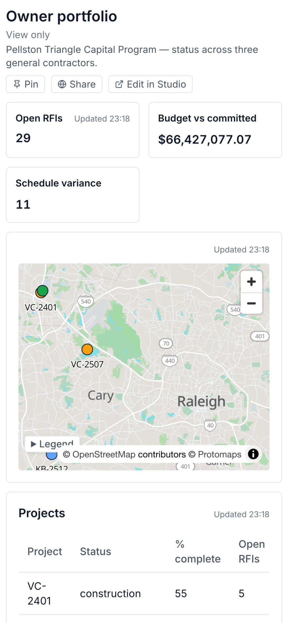 The same owner portfolio page on a phone