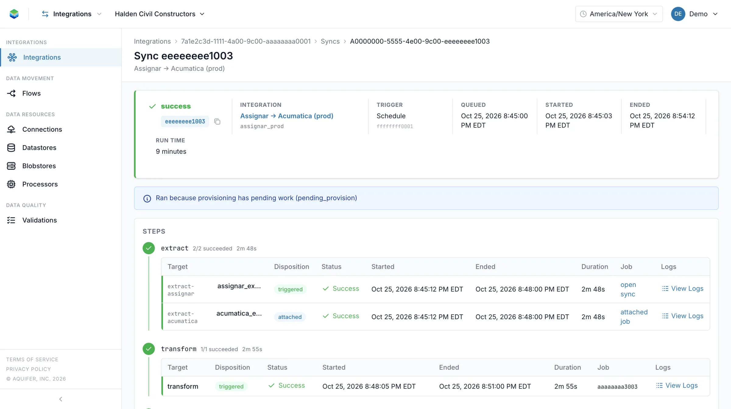 One sync run with its extract, transform and load steps, each with its status, timing and a link to its logs