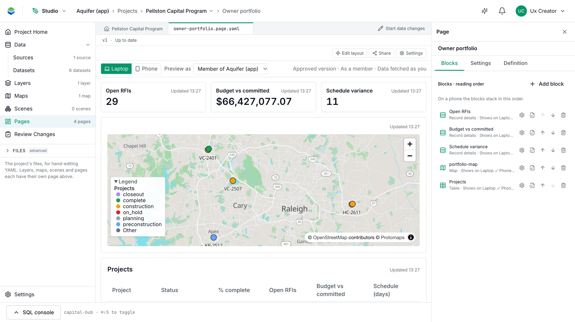 Studio page editor with the approved version, laptop and phone preview, and the Blocks inspector